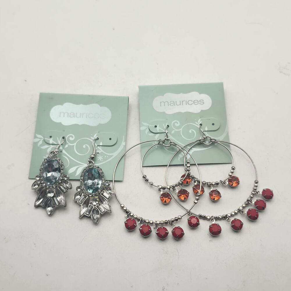 Maurices Earrings Lot 2 Pair Silver Tone Rhinestone Hoop Dangle Red Blue Pierced